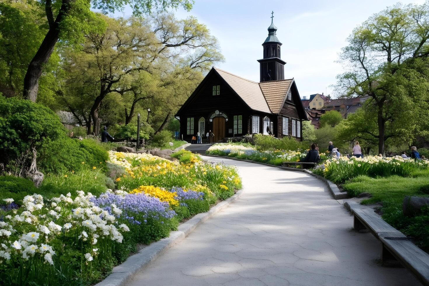 Wooden Chapel Surrounded by Colorful Flowers in a Peaceful Park Setting photo