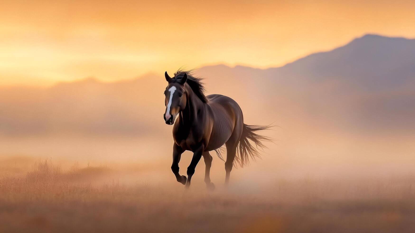 Brown horse running in a dusty field at sunset with mountains in the background photo