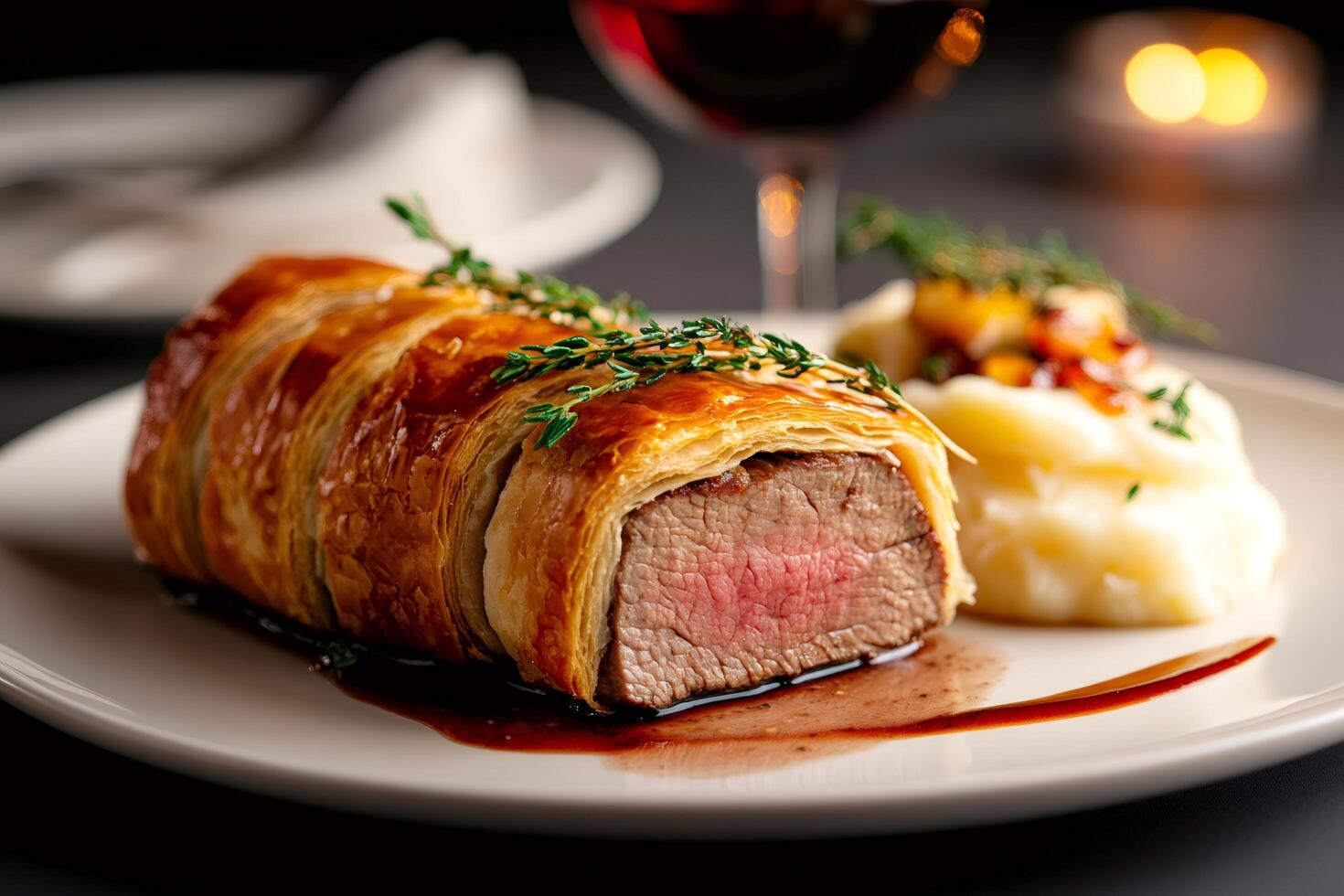 Beef wellington garnished with thyme and mashed potatoes resting on a white plate photo