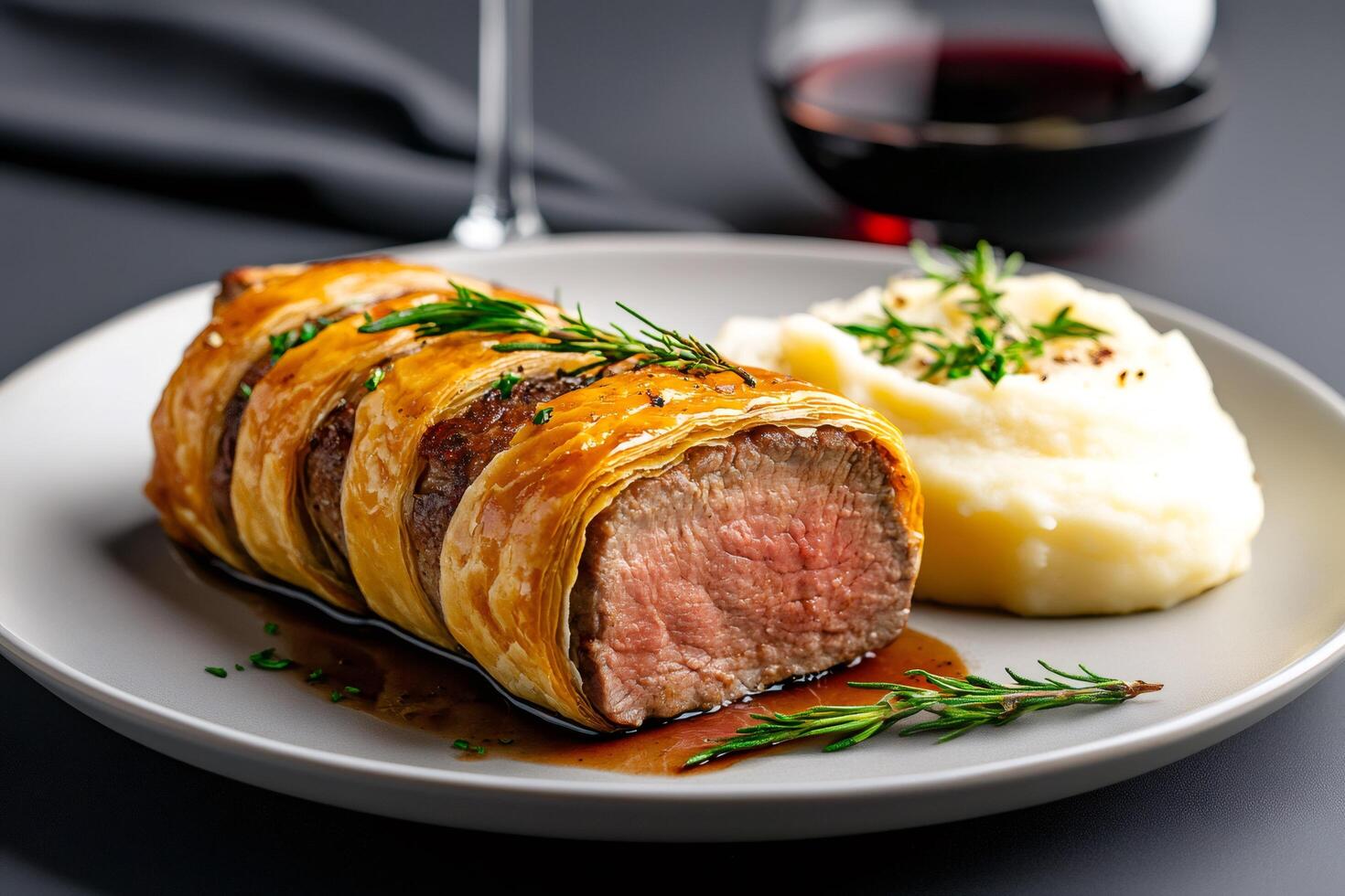 Beef wellington with mashed potatoes, rosemary and sauce decorating a plate photo