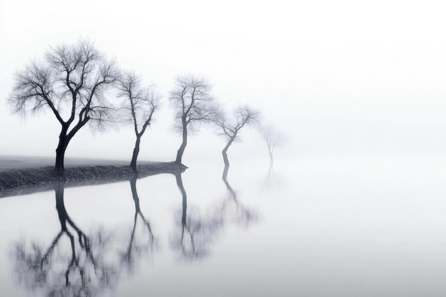 Bare trees reflecting in a misty lake on a foggy morning photo