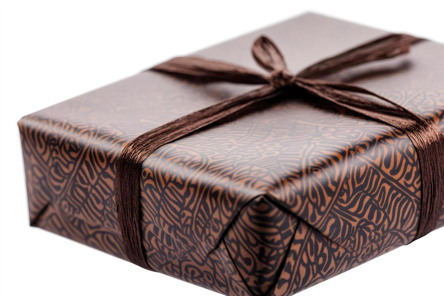 Elegant brown gift box with decorative wrapping paper and ribbon is waiting for the celebration photo