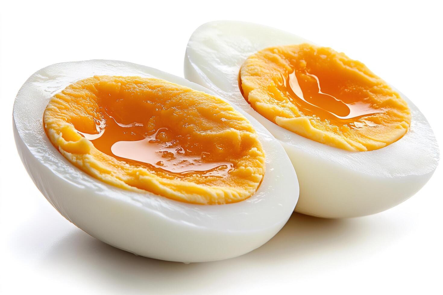 Two halves of boiled egg showing runny yolk on white background photo