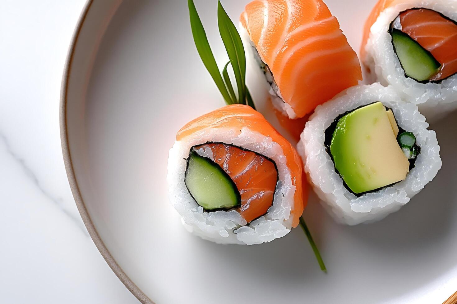 Salmon and avocado maki rolls resting on white plate photo