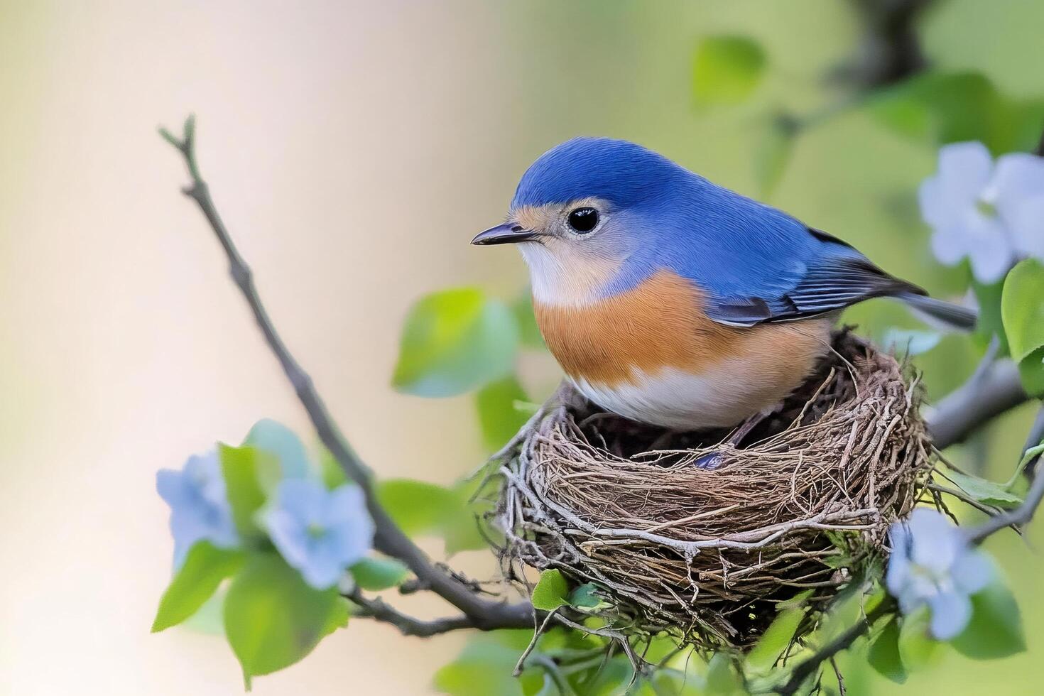 Eastern bluebird resting on nest in blooming tree photo