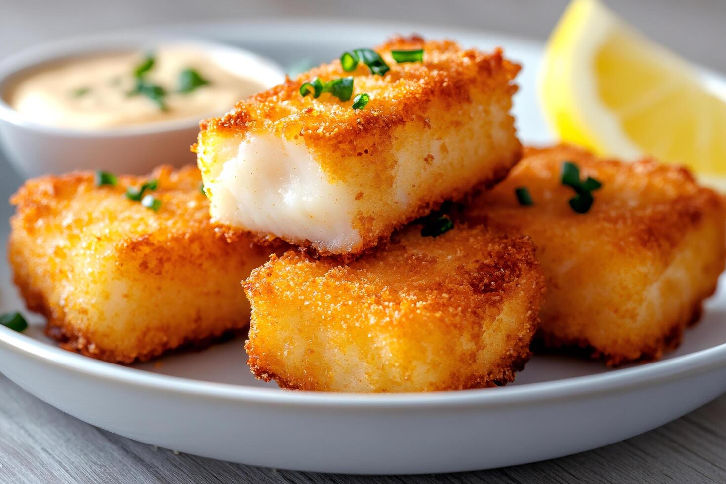 Crispy fried fish fingers garnished with chives served with dipping sauce and lemon photo