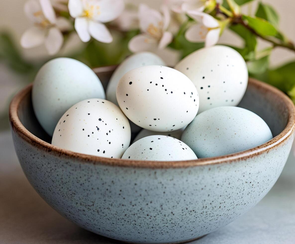 Easter eggs with black speckles decorating a ceramic bowl under blooming apple tree branch photo
