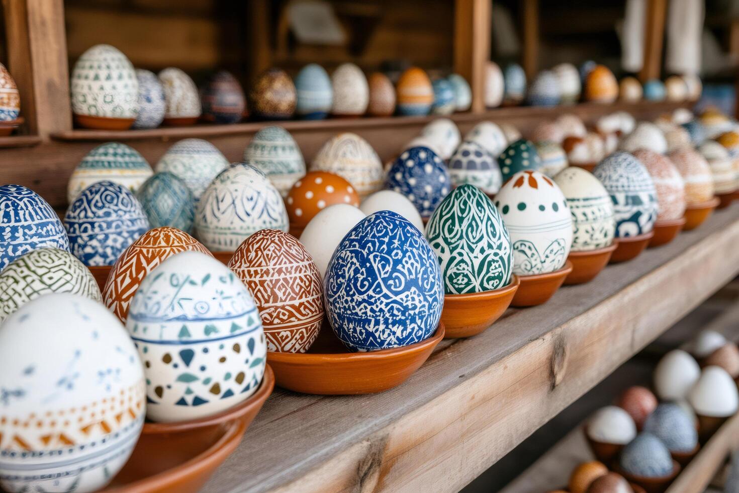 Colorful easter eggs resting on ceramic saucers on wooden shelves are waiting to be sold photo