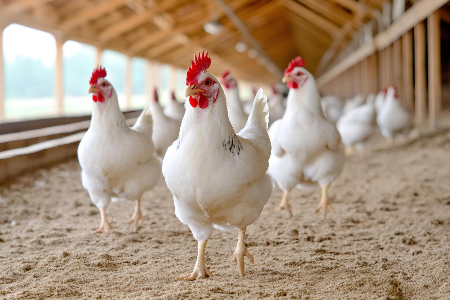 White broiler chickens standing on sandy ground in chicken coop photo