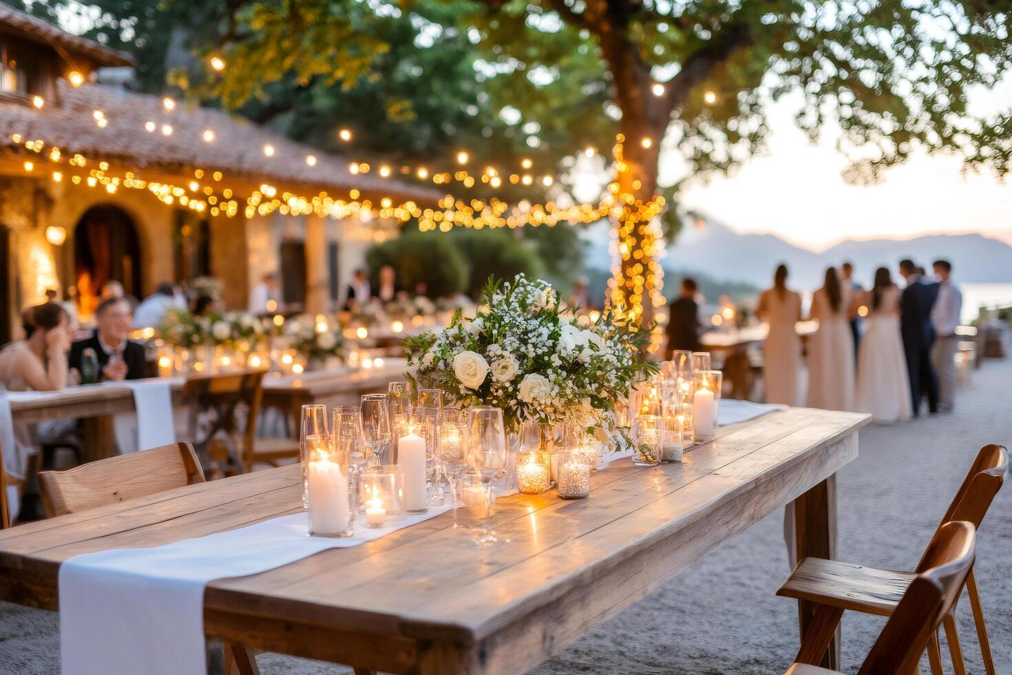 Wedding reception table is glowing with candles during a beautiful sunset photo