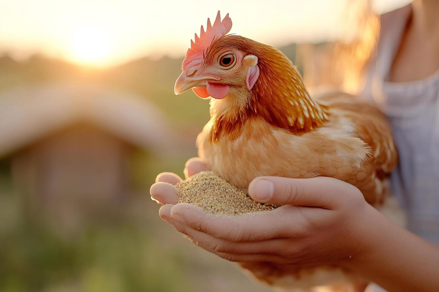 Farmer holding hen and feeding with grains at sunset photo