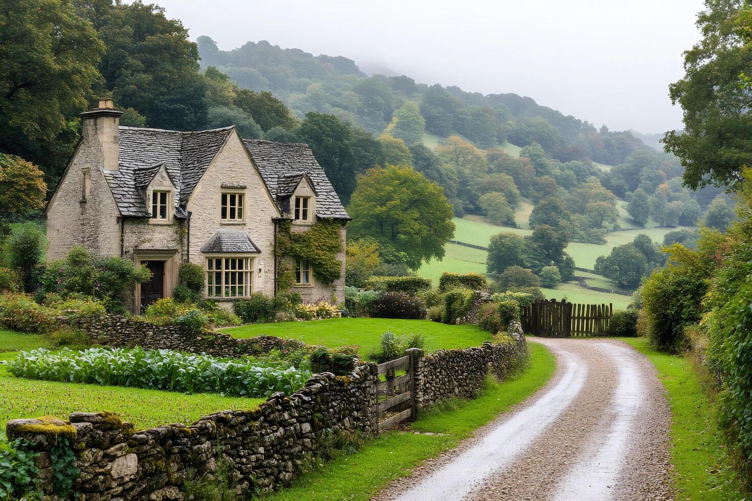 Idyllic english countryside cottage nestled in rolling hills on a misty day photo