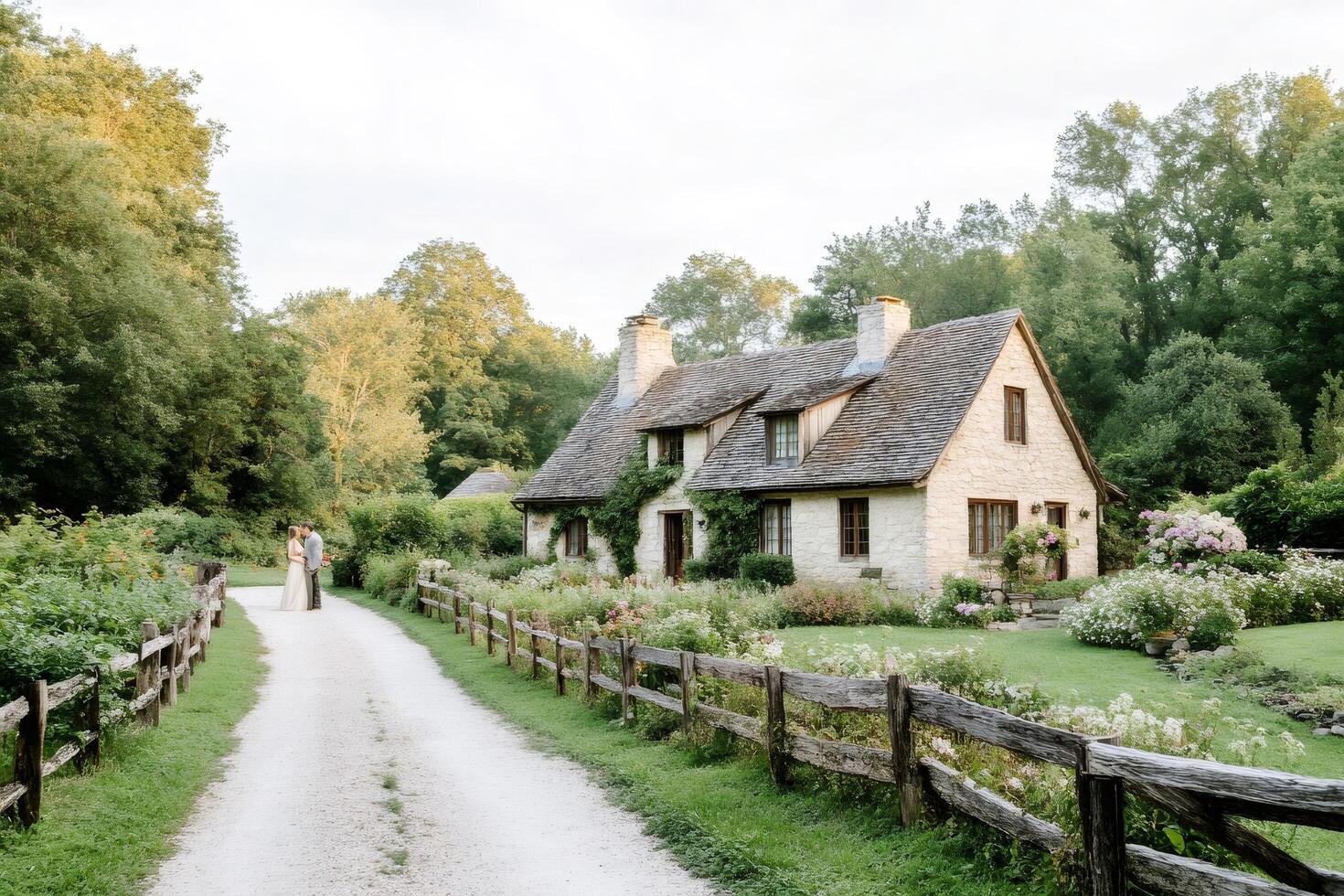 Married couple hugging in front of idyllic country house with wooden fence and garden photo