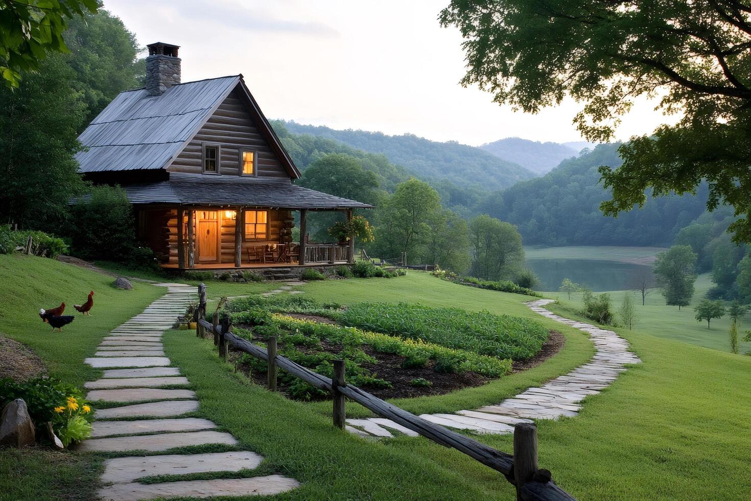 Log cabin overlooking a mountain lake at sunset with chickens roaming free photo