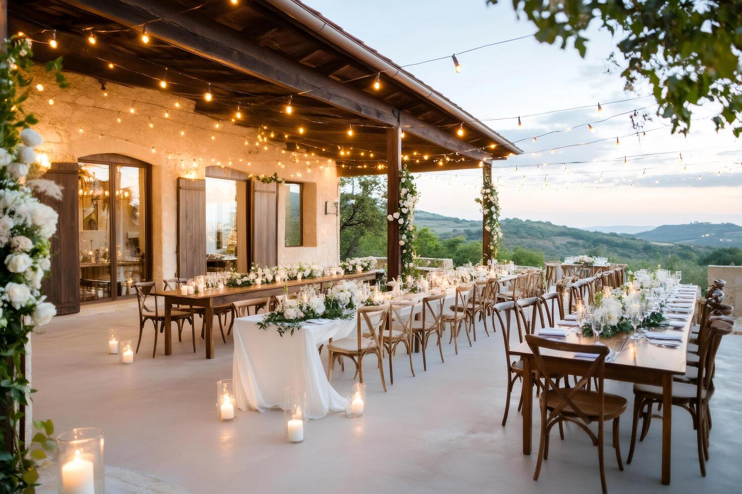 Rustic outdoor wedding reception with string lights illuminating long tables and stunning view photo