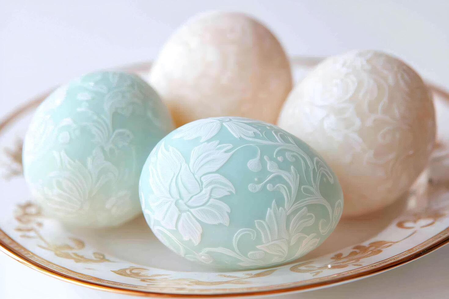 Decorated easter eggs with floral pattern resting on elegant plate photo