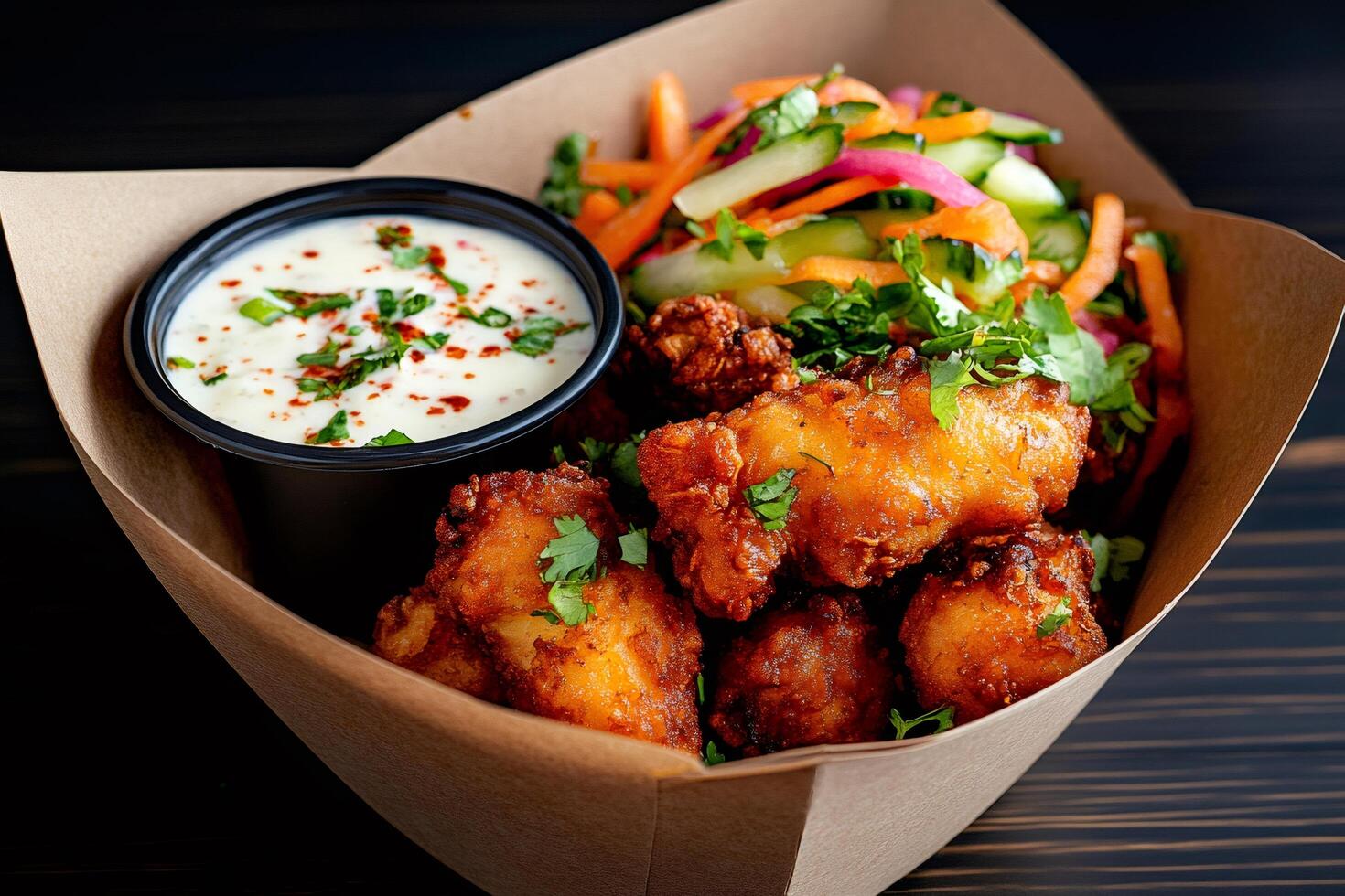 Crispy fried cauliflower with creamy sauce and fresh salad in takeaway box photo