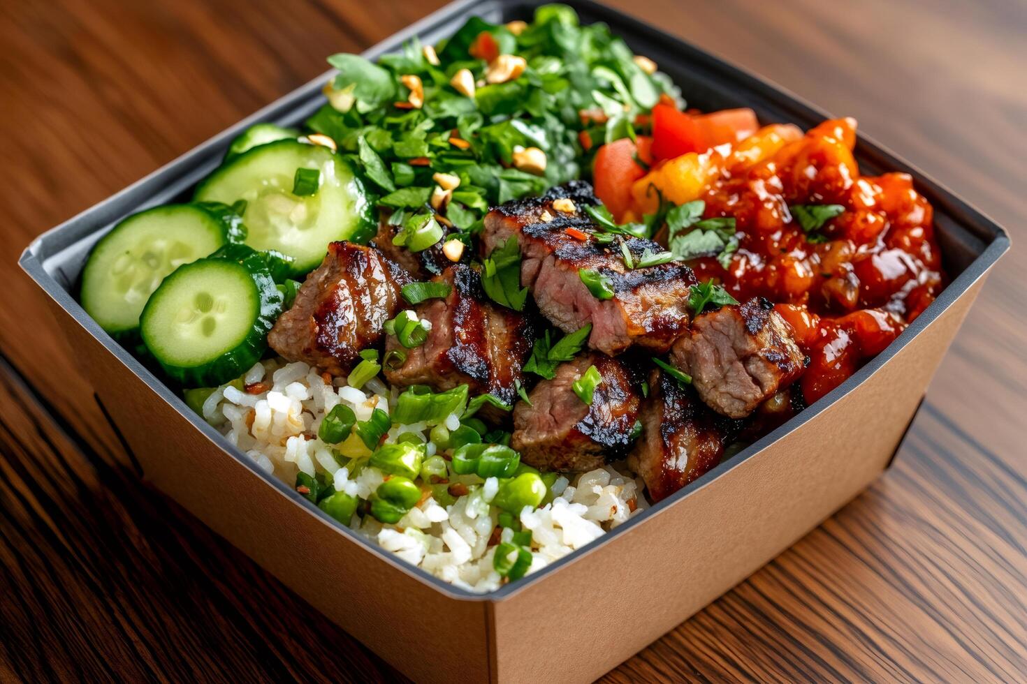Cardboard takeaway box with rice, beef, cucumber, vegetables and sweet chili sauce for a healthy lunch photo