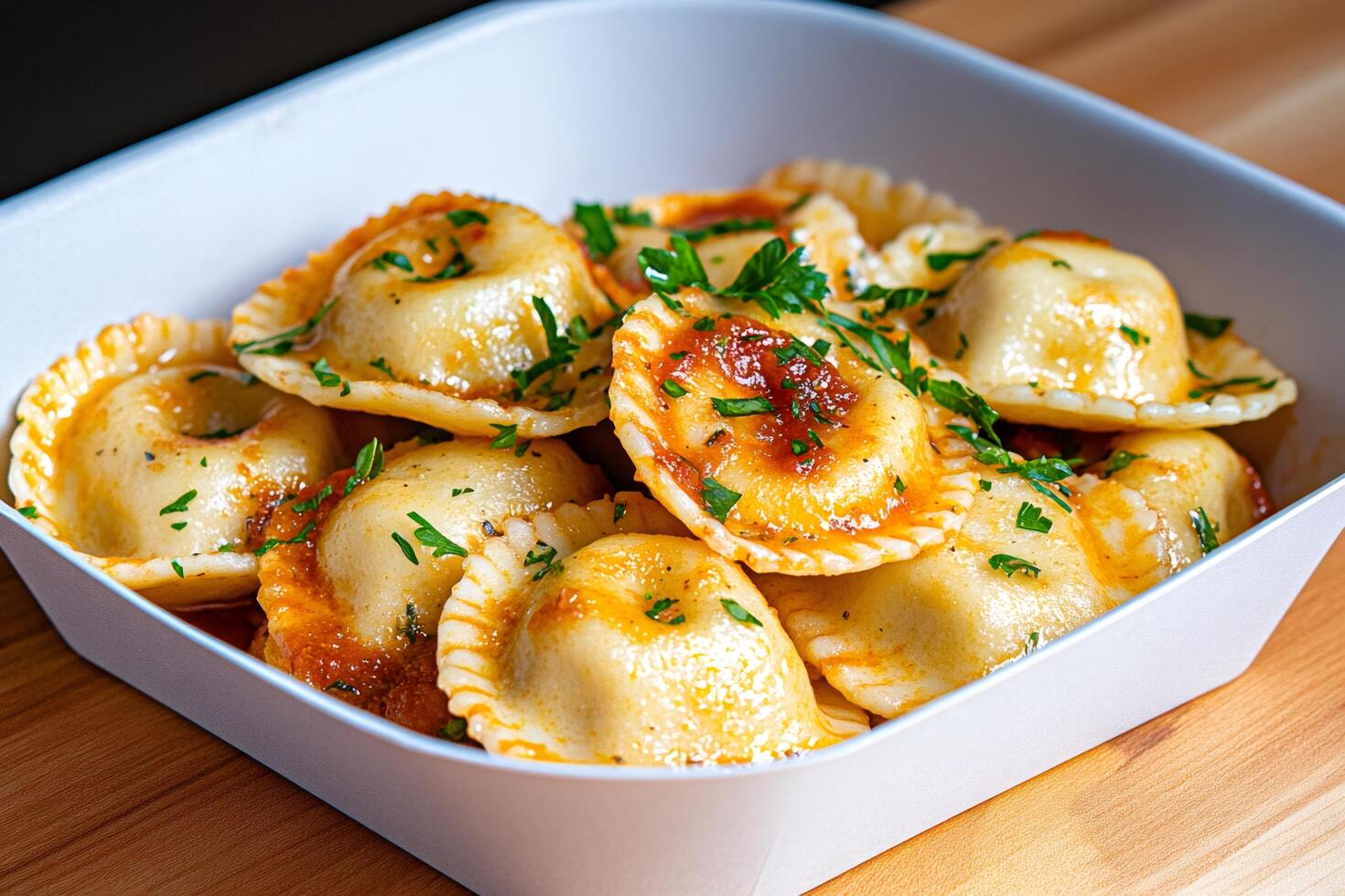 Delicious ravioli pasta with tomato sauce and parsley garnish in a white bowl photo