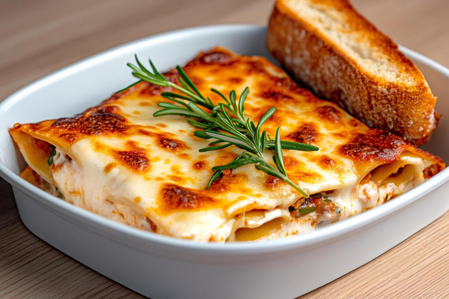 Delicious lasagna bolognese with melted mozzarella and toasted bread, garnished with rosemary photo