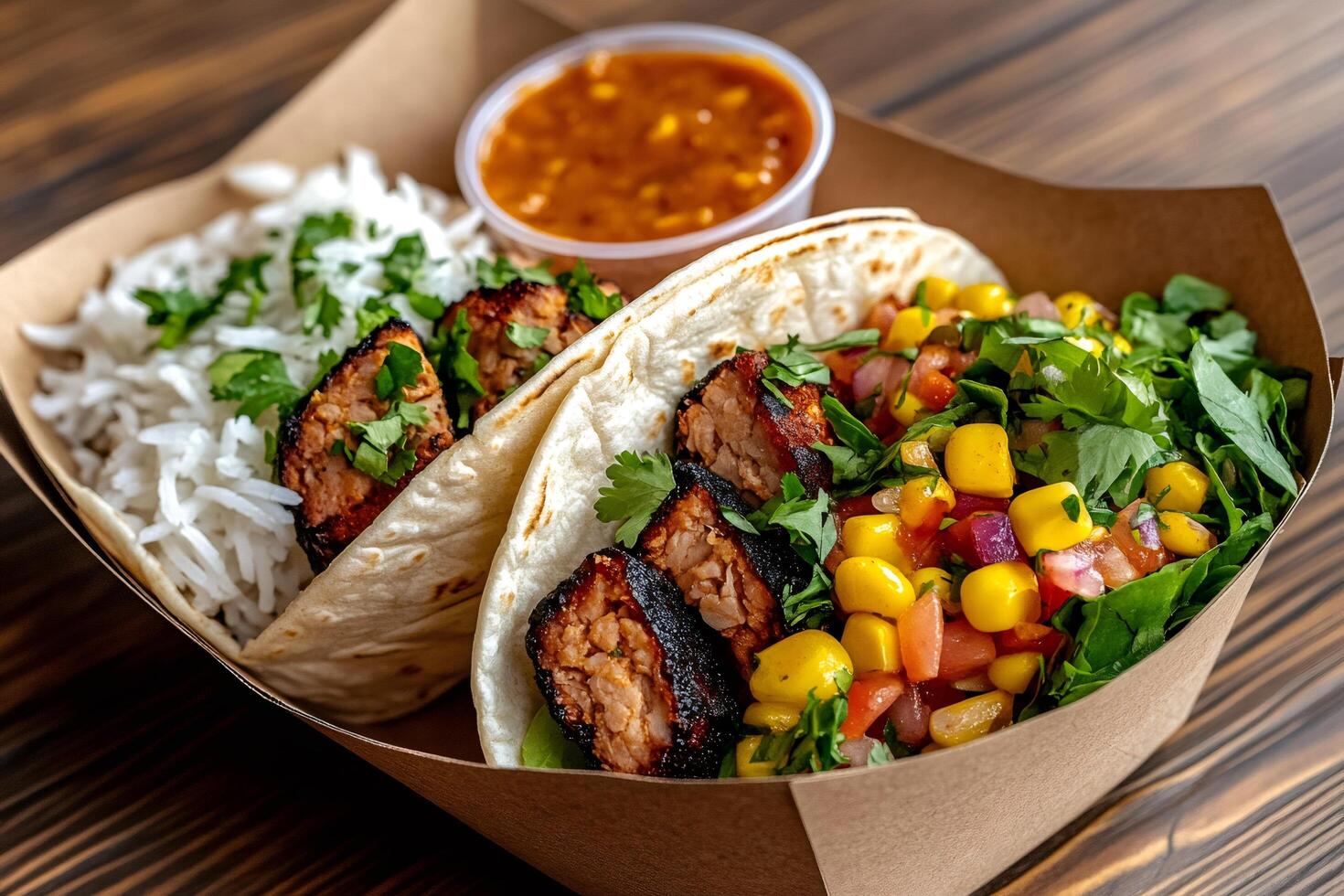Tempting tacos with grilled chorizo, rice, corn salad and sauce in takeaway box photo