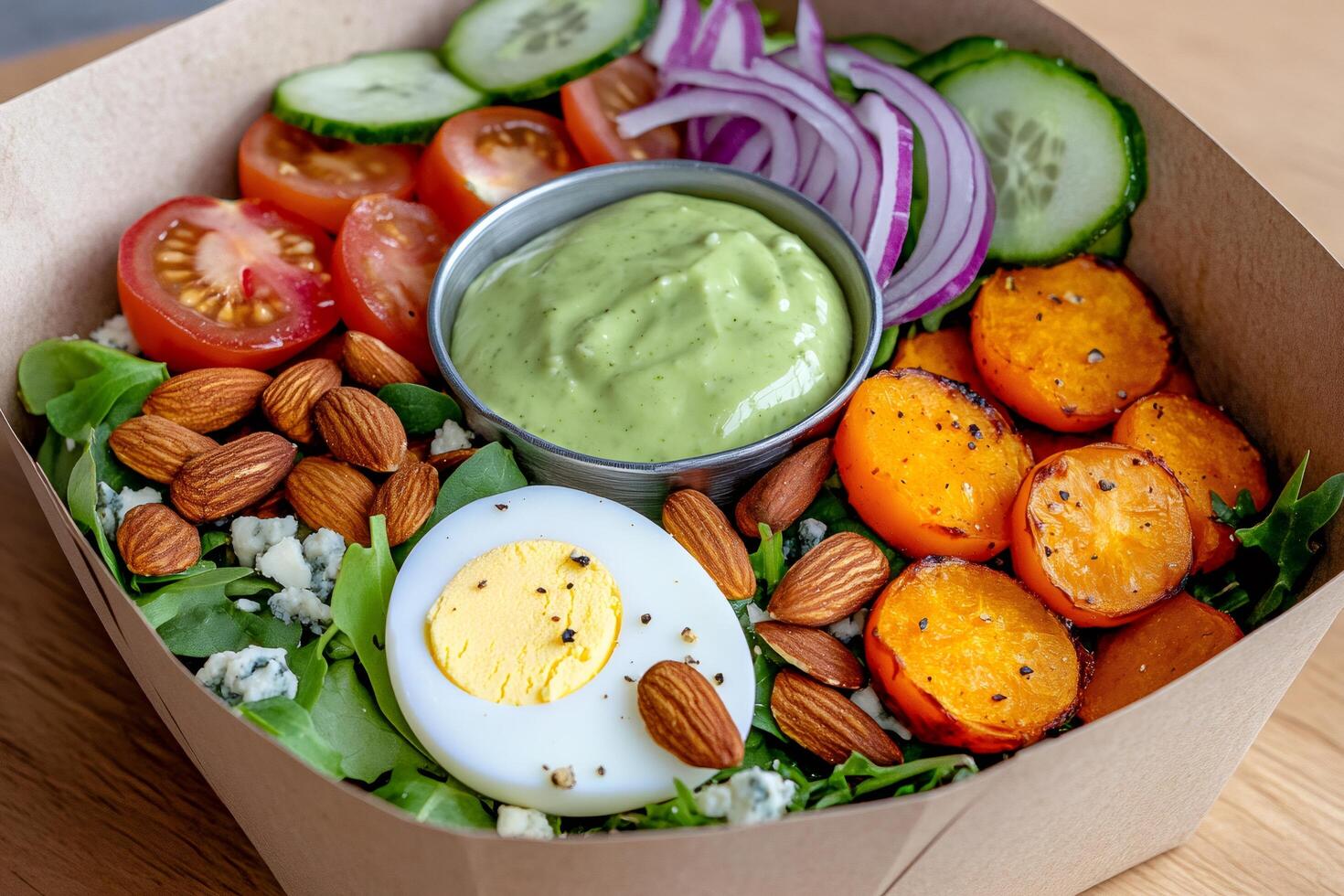 Delicious and nutritious salad with grilled persimmons, green goddess dressing, egg, almonds, tomatoes, cucumber, red onions and blue cheese photo
