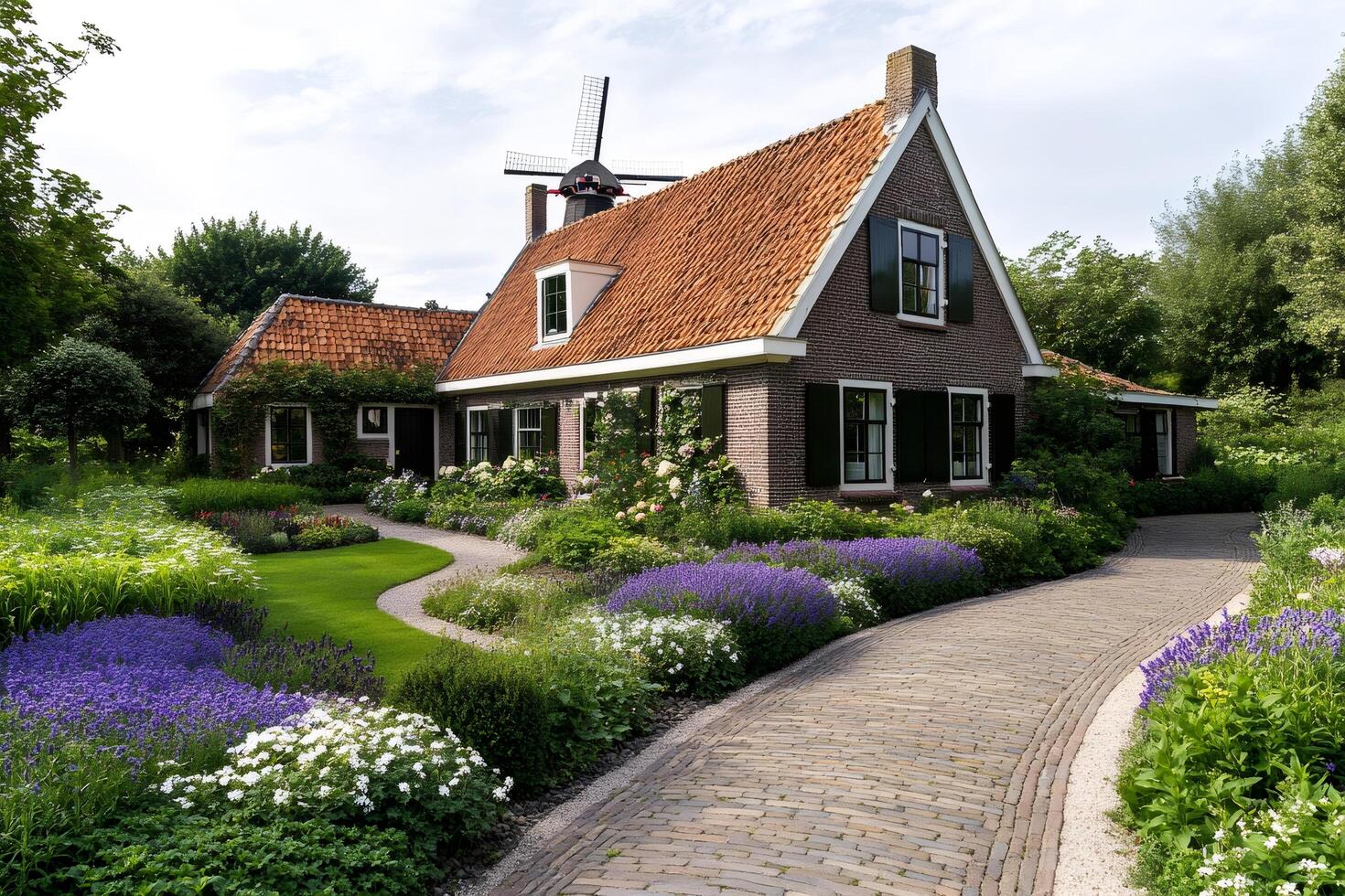 Traditional Dutch house with a tiled roof, beautiful garden and windmill photo
