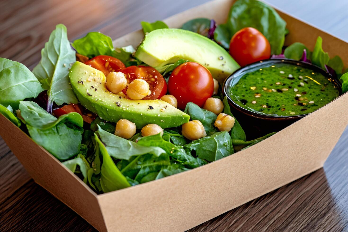 Healthy vegan salad with chickpeas, avocado and green sauce in takeaway biodegradable paper box photo