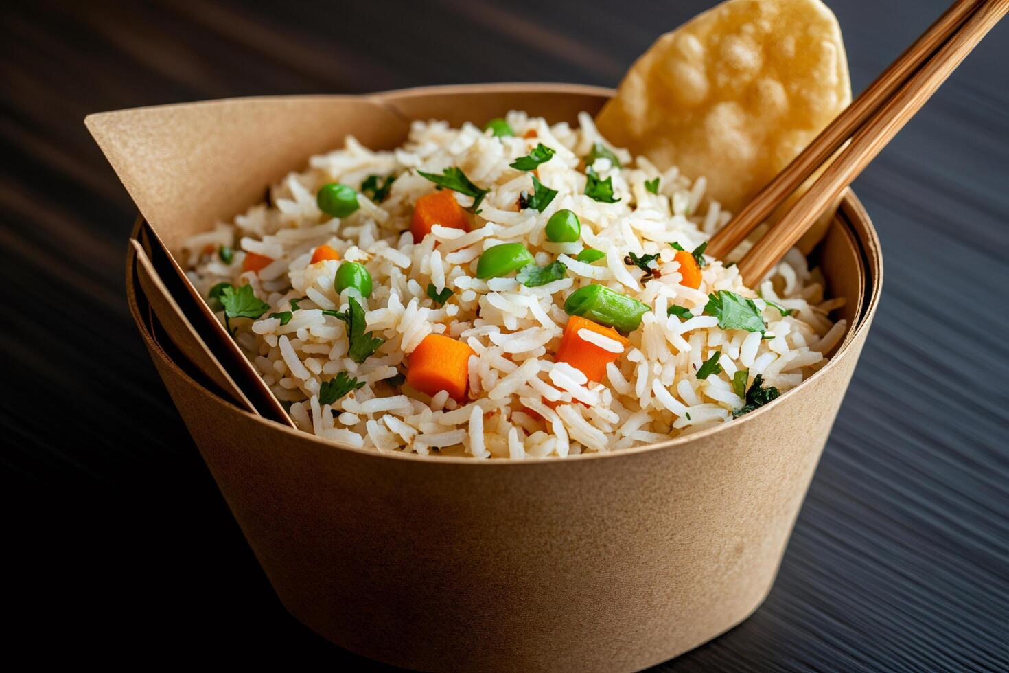 Vegetable fried rice with carrots and peas served in a takeaway bowl with chopsticks and papadum photo