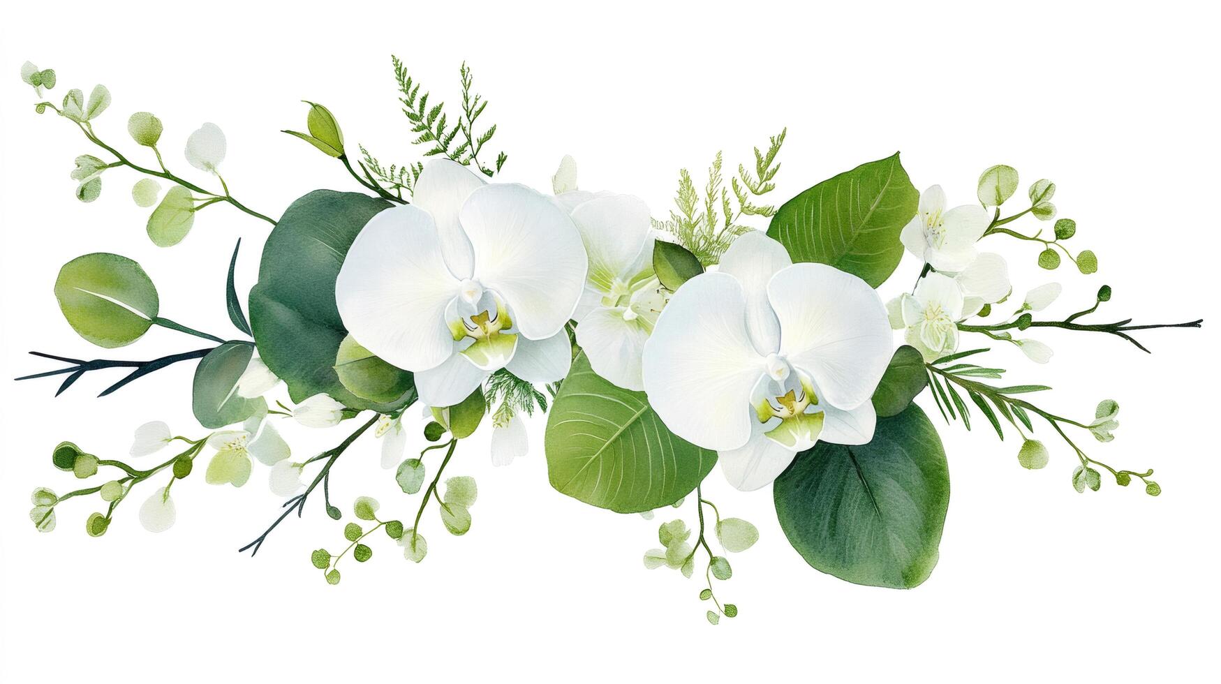 Elegant white orchid and eucalyptus watercolor bouquet photo