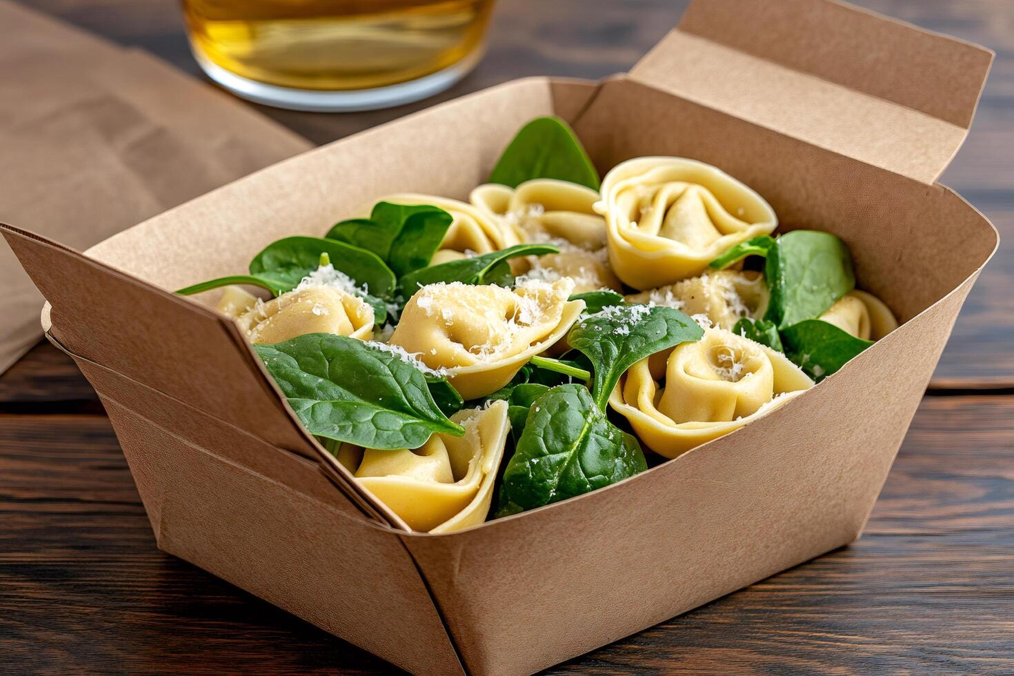 Delicious italian tortellini with spinach and parmesan in a takeaway box photo