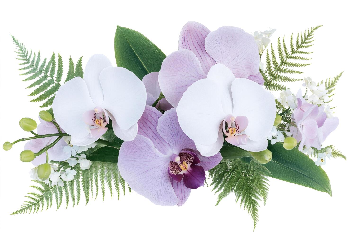 Delicate white and purple orchids blooming with fern leaves photo