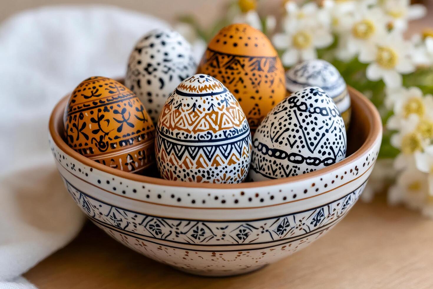 Hand-painted easter eggs with traditional moroccan berber patterns in ceramic bowl photo