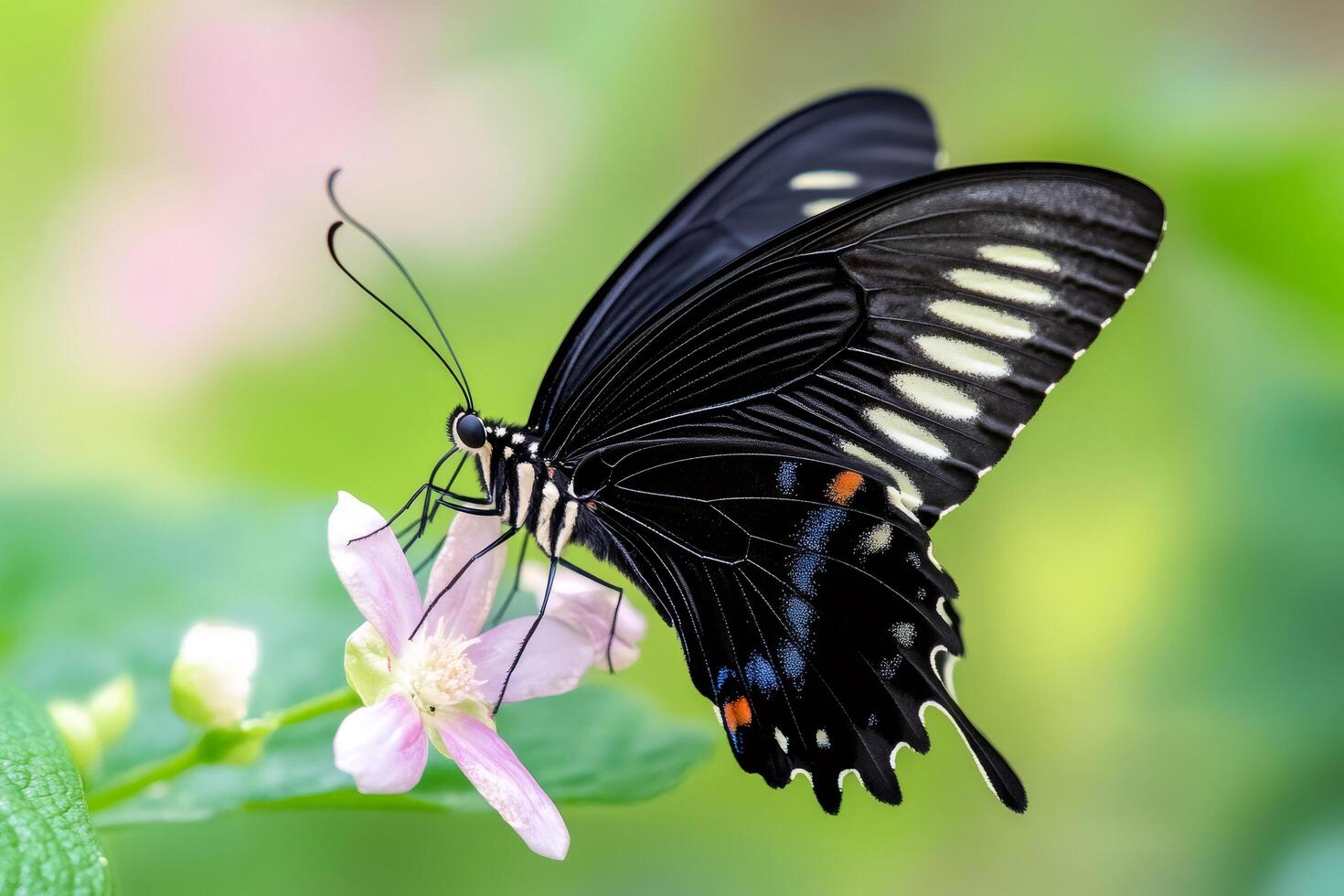 Black butterfly with white stripes feeding on pink flower photo