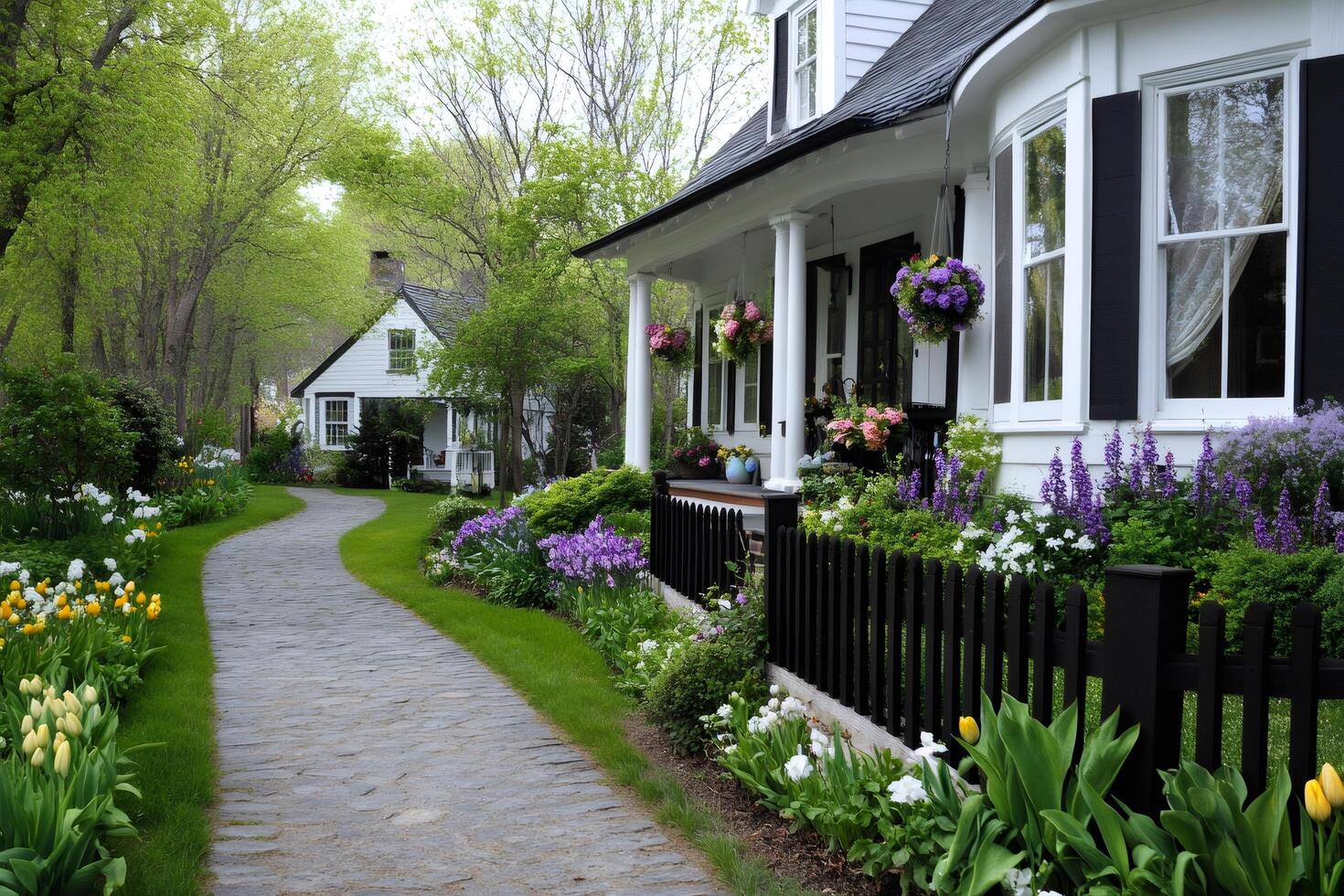 Charming white house with blooming garden and stone pathway in springtime photo