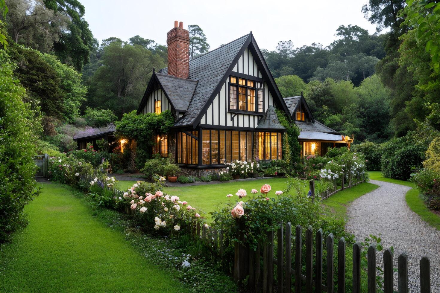 Charming english style cottage illuminating the twilight with warm lights surrounded by a lush garden photo