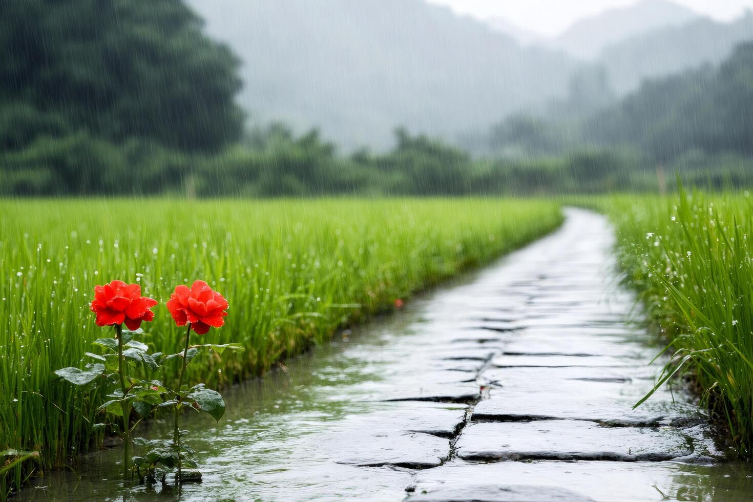 Rain is falling on a stone path and two red roses growing in a rice paddy photo