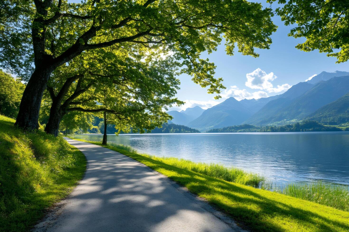 Paved path under trees bordering lake with mountain range on sunny day photo