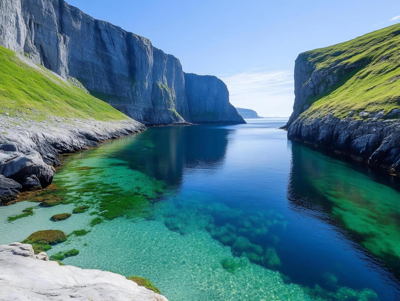 Crystal-clear water flows into Bunes beach in Lofoten, Norway, during a sunny summer day photo