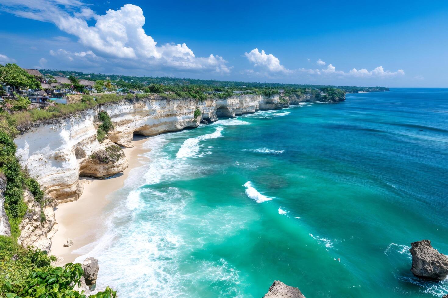 Turquoise ocean waves crashing on idyllic sandy beach in Bali, Indonesia photo