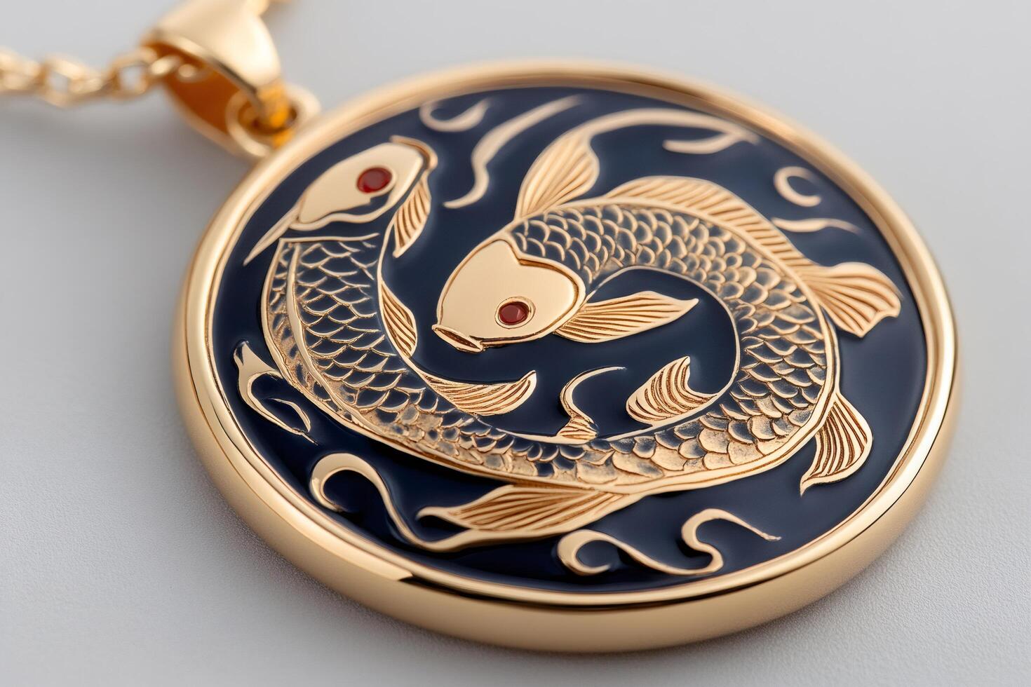 Golden koi carp pendant representing yin and yang on blue enamel background photo