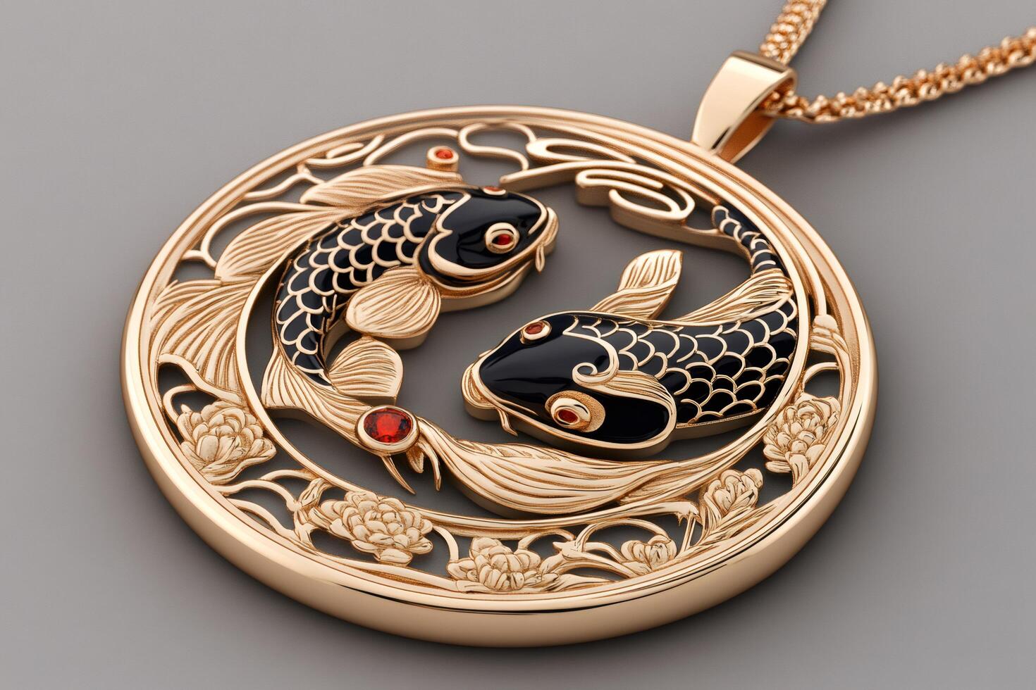 Golden pendant featuring two koi carps swimming in a circle decorated with flowers and red gems photo