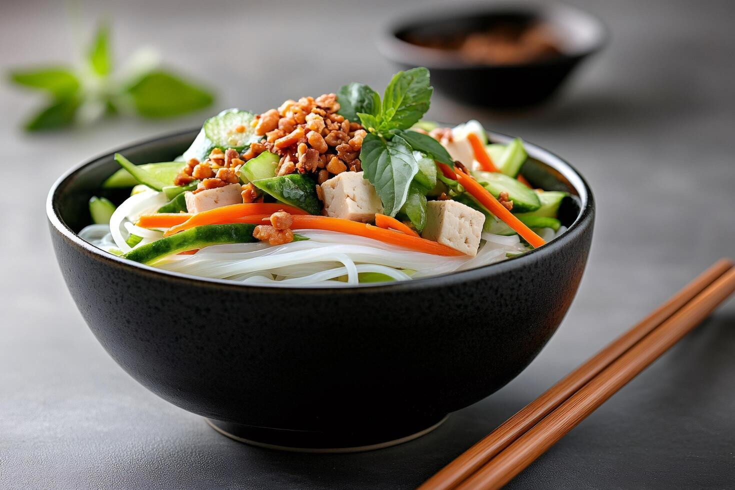 Delicious vegan asian salad with rice noodles, tofu, cucumber, carrots, peanuts and basil resting in a black bowl photo
