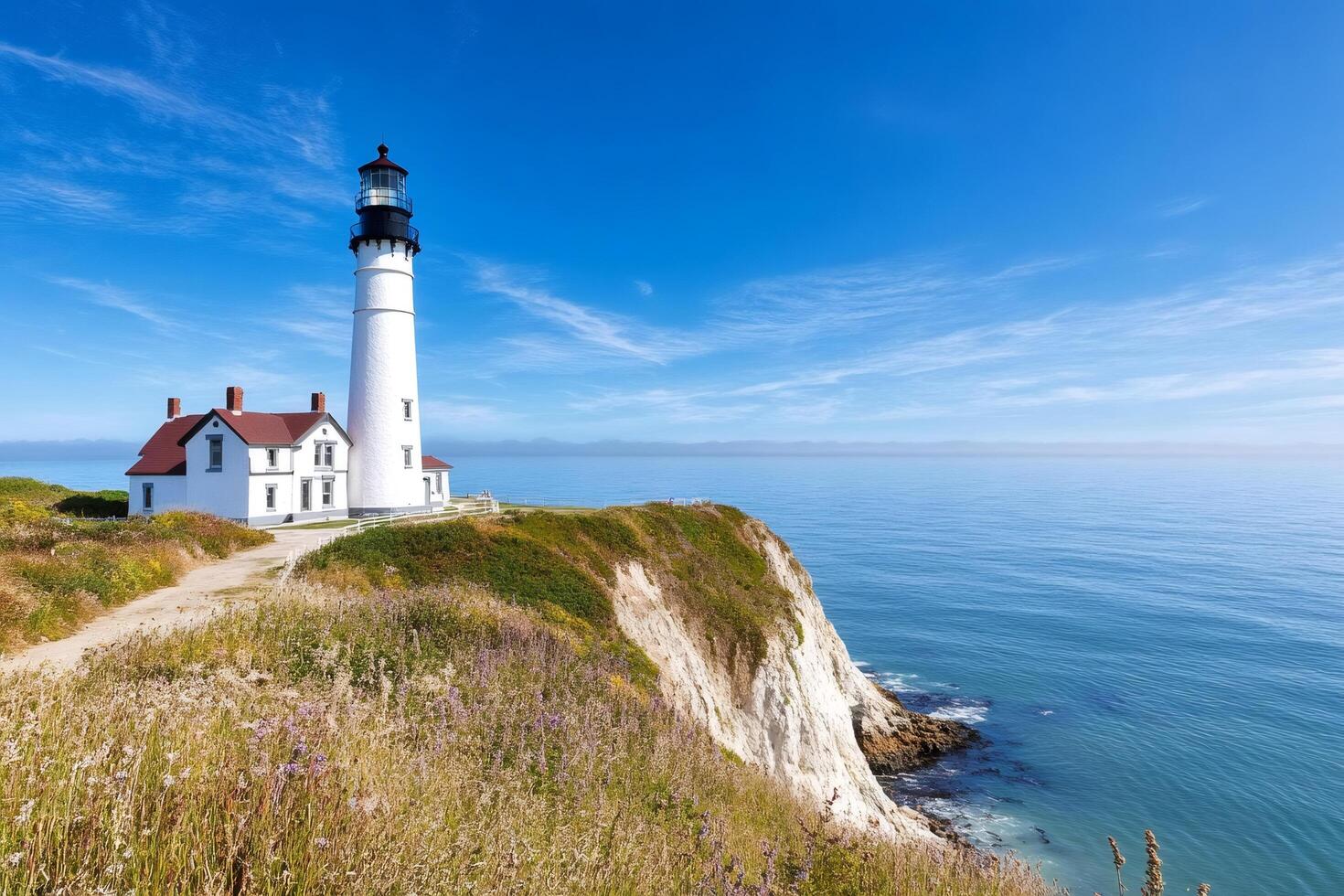 Pigeon Point Lighthouse standing tall on a cliff overlooking the Pacific Ocean in California photo