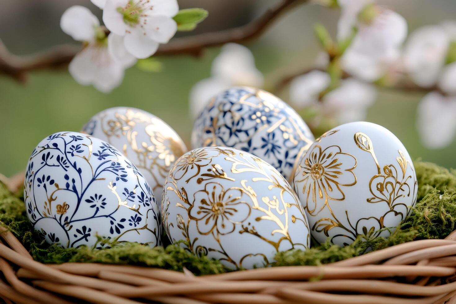 Easter eggs with gold and blue floral pattern resting in a wicker basket photo