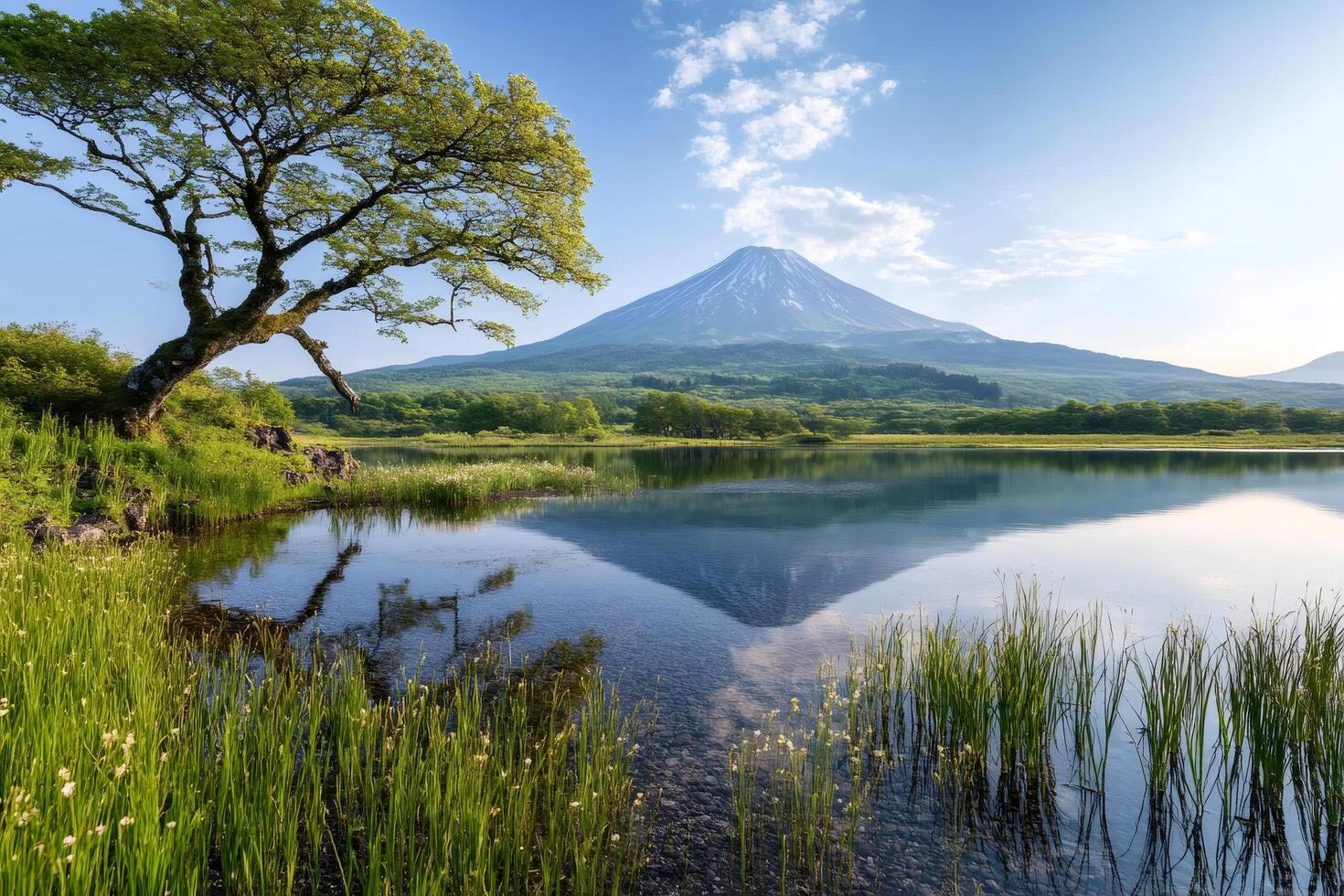 Mount Fuji reflecting in lake with green tree and grass at sunrise photo