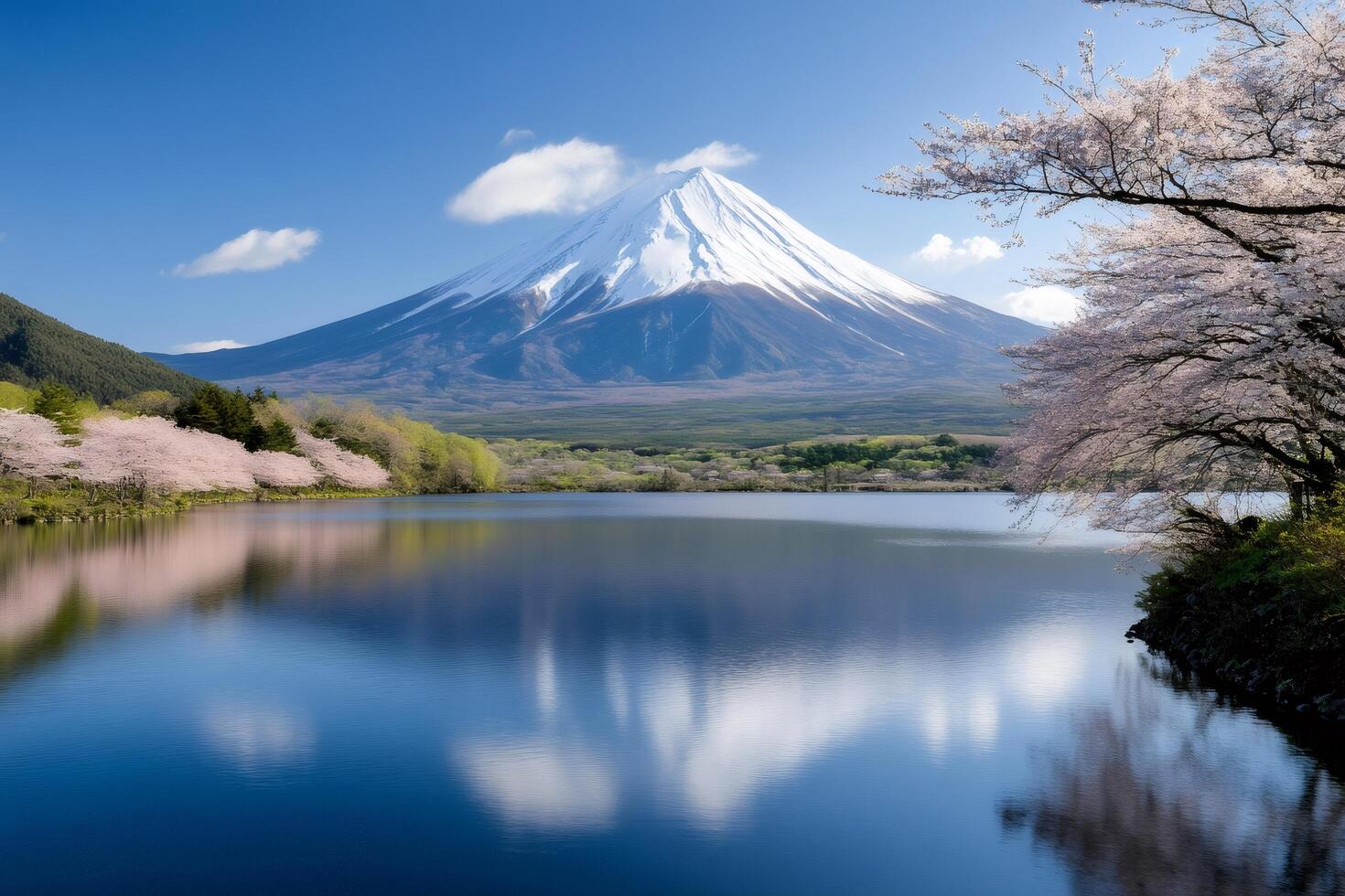 Mount Fuji reflecting in a lake with cherry blossoms surrounding it during spring season photo