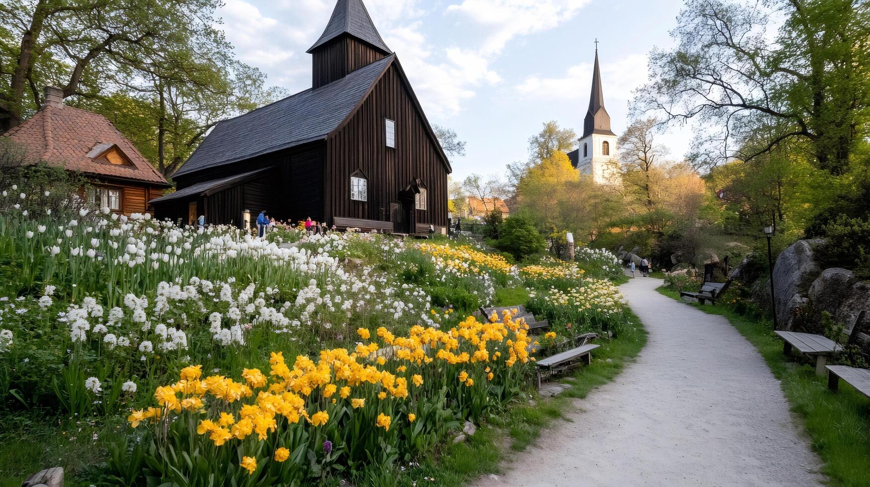 Blooming daffodils and narcissus decorating Skansen Open-Air Museum in Stockholm photo