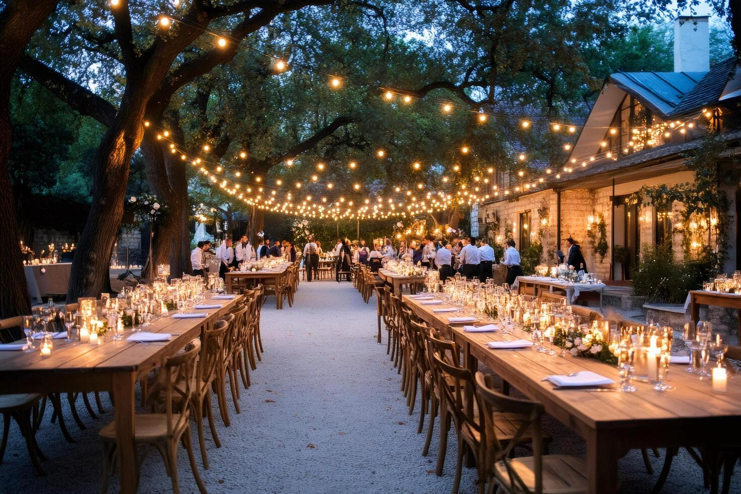 Waiters preparing tables for wedding reception in beautiful outdoor venue under trees with string lights photo