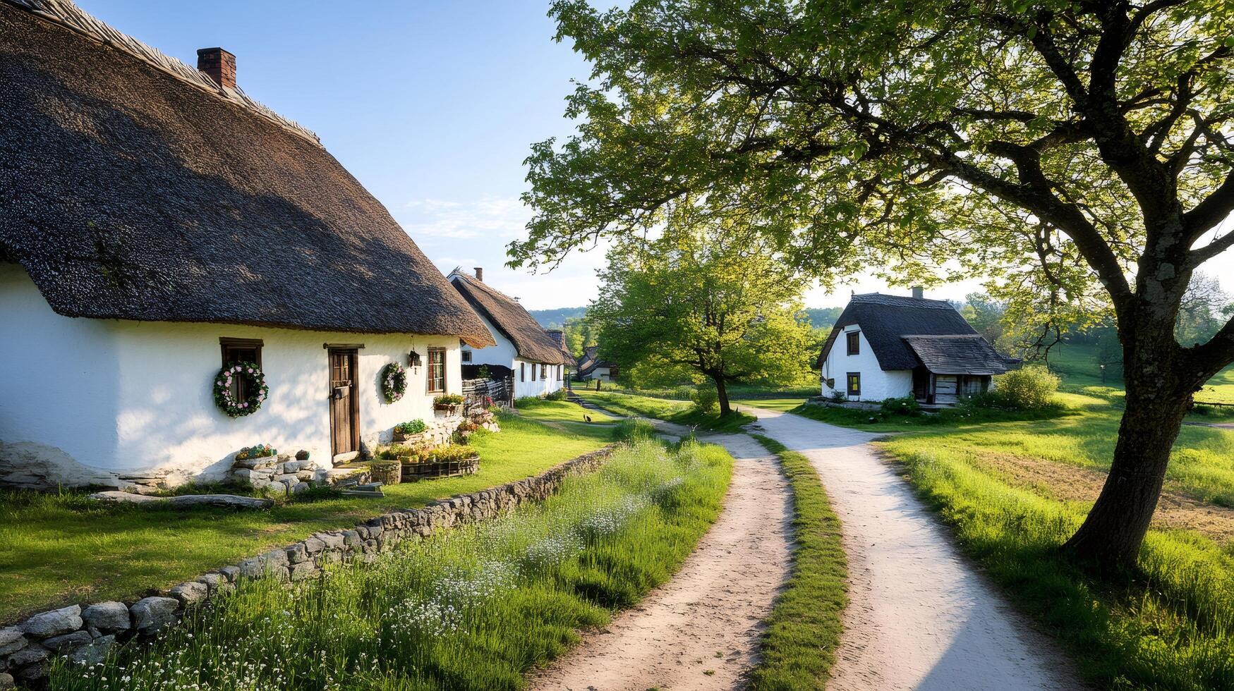 Idyllic rural landscape showing traditional hungarian houses with thatched roof in National Heritage Park photo